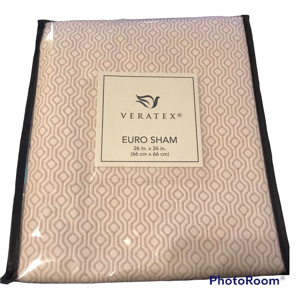 VERATEX Euro Sham Brielle 26X26 Reversible Velvet Trim Beige Tan GeometrIc NEW